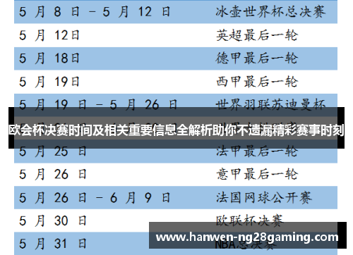 欧会杯决赛时间及相关重要信息全解析助你不遗漏精彩赛事时刻